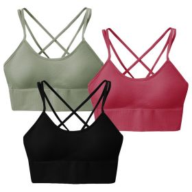 3Packs Women Cross Back Sport Bras Padded Strappy Medium Support Bras Sexy Fitness Tank Tops with Removable Pads for Gym Yoga Workout Running (Option: GN_RD_BK_2XL)
