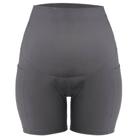 Women Maternity Shorts Seamless Pregnancy Underwear Shapewear Fitness Yoga Running Shorts High Waist Over The Belly Pants with Two Side Pockets (Option: GRY_S)